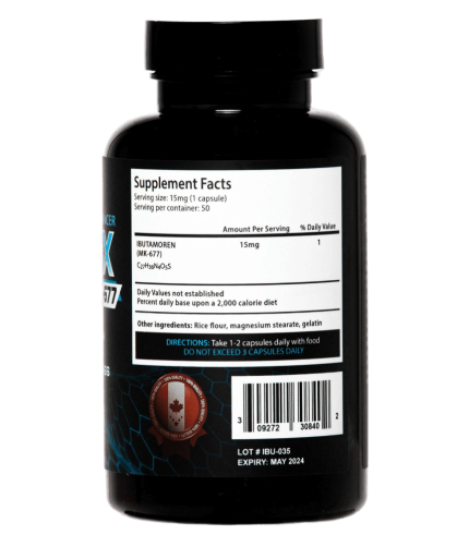 MK677 Ibutamoren Supplement Facts - A photo of nutritional facts of MK 677 SARMs sold by Helixx Online - 50 capsules @ 15mg