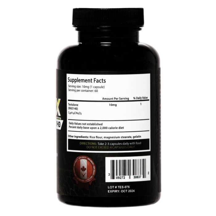 RAD140 Testolone SARMs - Supplement Facts on the bottle of RAD140 sold by Helixx Online Canada