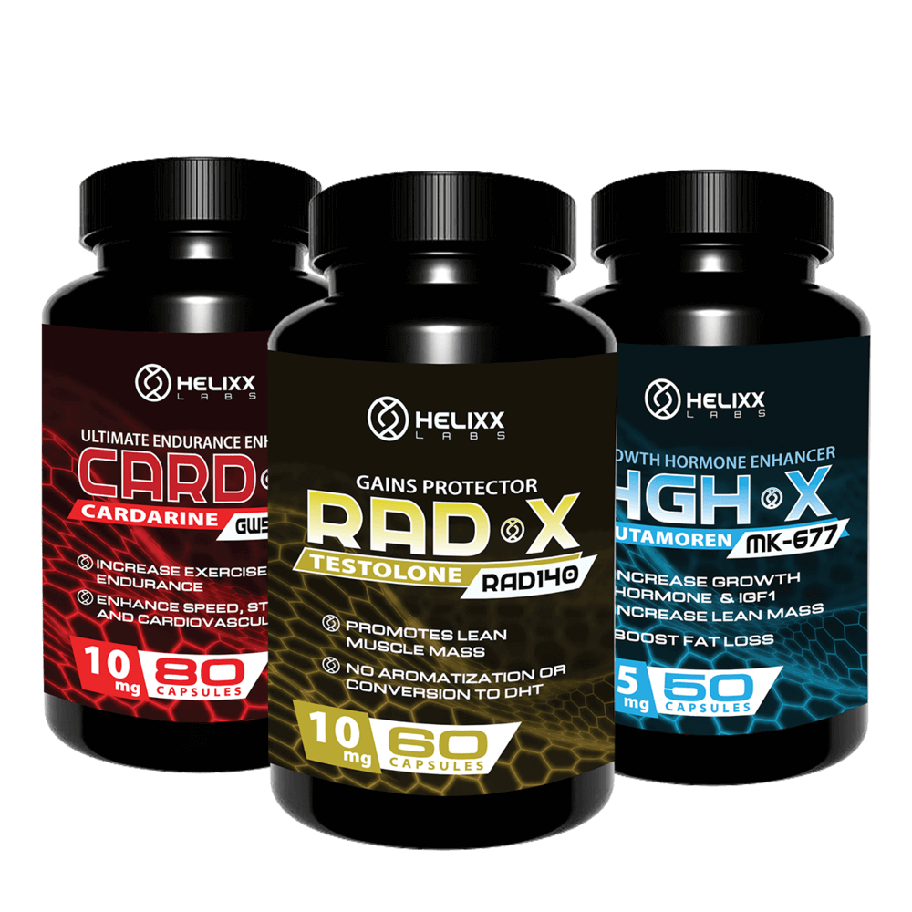 Helixx Fat Burning SARMs Stack that includes: RAD 140, MK 677, and Cardarine sold in Canada